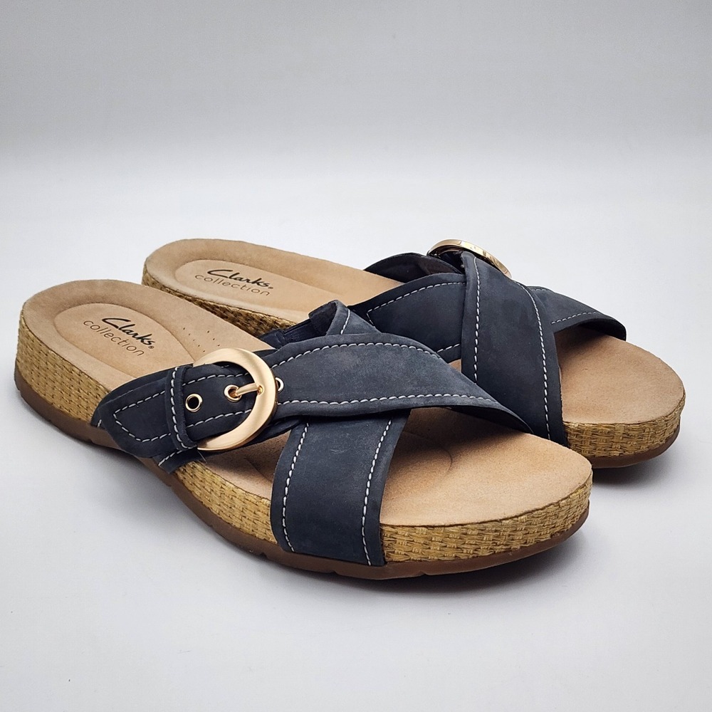 Clarks  Womens Reileigh May Slide‎ Sandals US 9 Wide Navy Nubuck Buckle